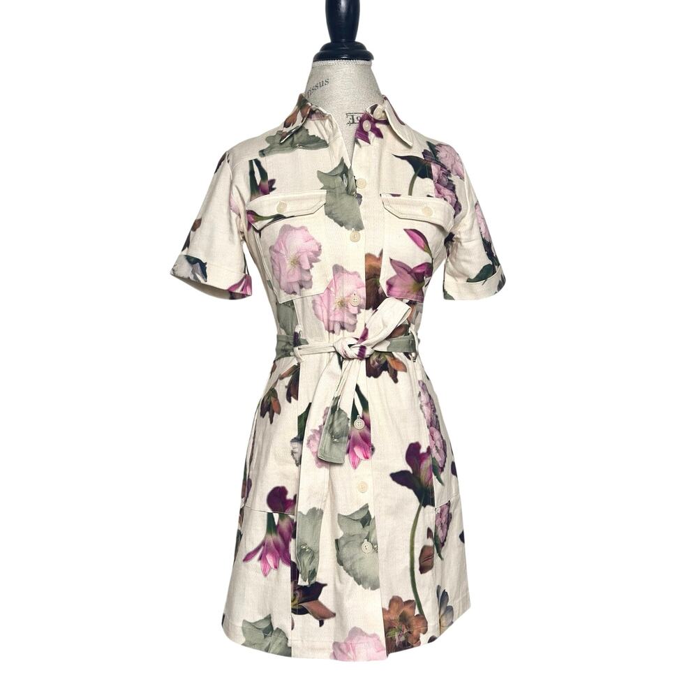 Desigual | Women | Cream Floral Spring Utility Belted Mini Shirt Dress | Medium - Picture 2 of 16